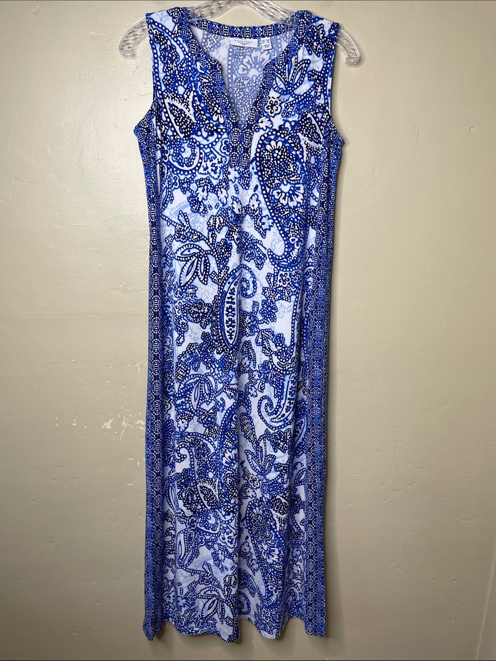 Susan Graver PASSPORT Blue Boho Paisley Liquid Knit Resortwear Maxi Dress XSP